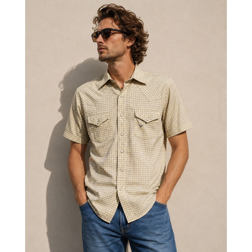 Vintage Ely Cattleman Pearl Snap Western Shirt Men 15.5 Beige Plaid Cowboy Ranch